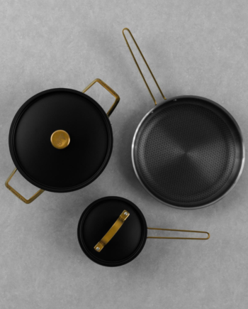 Arvet Sæt Gryde Kasserolle Stegepande Mat Sort Med Messingdetaljer